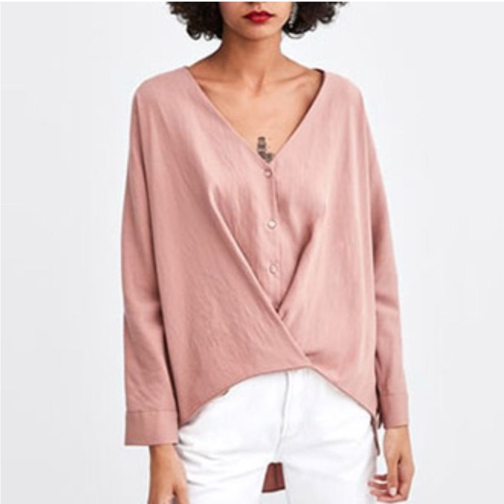 Zara TRF Cross Front Long Sleeve Blouse Top Dusty Rose Size L